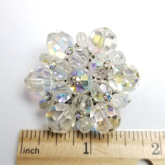Vintage Beaded AB Cluster Brooch, Flower Snowflake Shape Lapel Pin, Estate - Picture 4 of 6